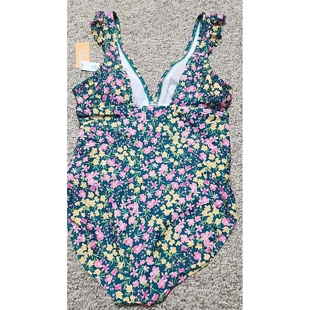 Kona Sol Green Pink Yellow Floral Deep V One Piece Bathing Swim Suit Large NWT